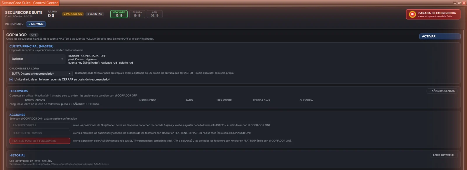 Ventana del Replicador de SecureCore con la cuenta principal y las seguidoras